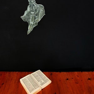 May include: An open book with text lies on a red-brown wooden floor. Above, a translucent, abstract sculpture hangs against a black background. The sculpture appears to be a figure or form.