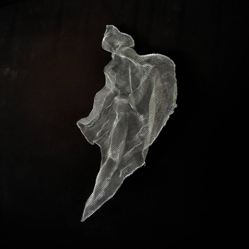 May include: A silver-colored, abstract sculpture made of a fine mesh material. The artwork has a flowing, draped form against a black background, creating a contrast of light and shadow. The sculpture appears to be suspended.