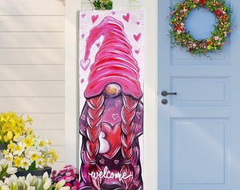 Valentines Day Welcome Gnome Sign, Valentines Sign, Welcome Love sign, Vertical front door sign, Valentines decor, front porch sign