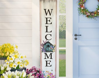 Summer and Spring Wood Welcome Sign with bird house and flowers, Vertical front door welcome sign, Front Porch Decor, Spring Welcome Sign