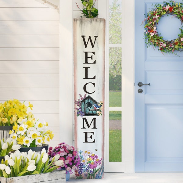 Summer and Spring Wood Welcome Sign with bird house and flowers, Vertical front door welcome sign, Front Porch Decor, Spring Welcome Sign