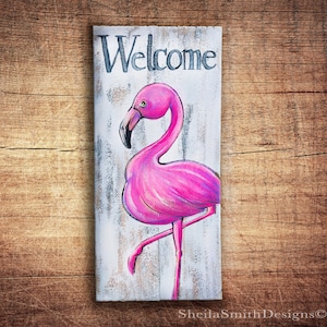 Painted Flamingo Wood Welcome Sign, Flamingo Sign, Flamingo Artwork, Flamingo decor, welcome summer sign, tropical decor, beach, coastal art
