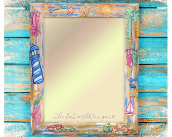 Hand Painted Beach Themed Mirror, Beach Mirror, Beach Decor, Beach House Art, light house mirror, fish mirror, sailboat mirror
