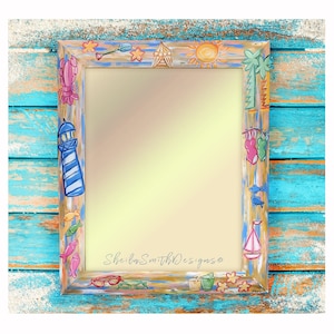 Hand Painted Beach Themed Mirror, Beach Mirror, Beach Decor, Beach House Art, light house mirror, fish mirror, sailboat mirror