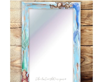 Hand Painted Mermaid Mirror, Beach Mirror, Beach Decor, Beach House Art, Mermaid Decor, Mermaid Art, Bathroom mirror