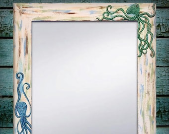 Hand Painted Octopus Mirror, Beach Mirror, Beach Decor, Beach House Art 22x28" or 30x36" Available, Blue and green octopus mirror, Octopus