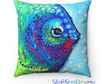 Coussin décoratif poisson de plage coloré, coussin poisson, décor nautique, coussin carré de mer, taie d'oreiller maison de plage, décor côtier, poisson