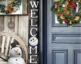 WELCOME SIGN, Winter Rustic Welcome Sign, Vertical front door welcome sign, Snowman welcome sign, Snowman Winter Decor