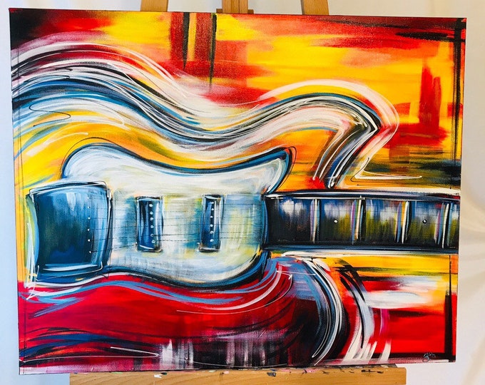 NEW! Funky red & yellow hand-painted Abstract Guitar Art by Sheila A. Smith, Guitar Painting, Guitar Decor, Musician decor, musician gift