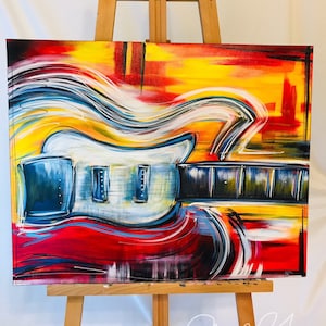 NEW! Funky red & yellow hand-painted Abstract Guitar Art by Sheila A. Smith, Guitar Painting, Guitar Decor, Musician decor, musician gift