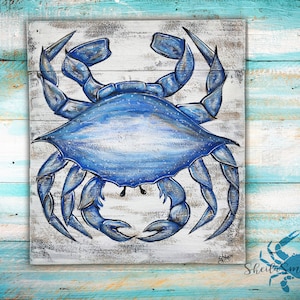 Crabe bleu foncé, peint à la main sur du bois vieilli pour décor de vie côtière, crabe sur bois, rustique, art de crabe, peinture de crabe, décor de crabe bleu