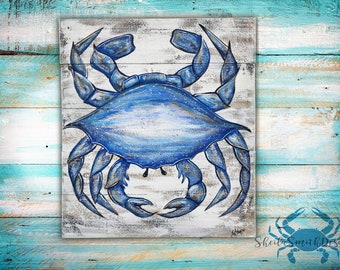 Dark Blue Crab, Hand Painted on Distressed Wood for Coastal Living Decor, crab on wood, rustic, crab art, crab painting, blue crab decor