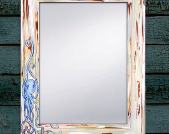 Hand Painted Octopus Mirror, Beach Mirror, Beach Decor, Beach House Art 22x28"