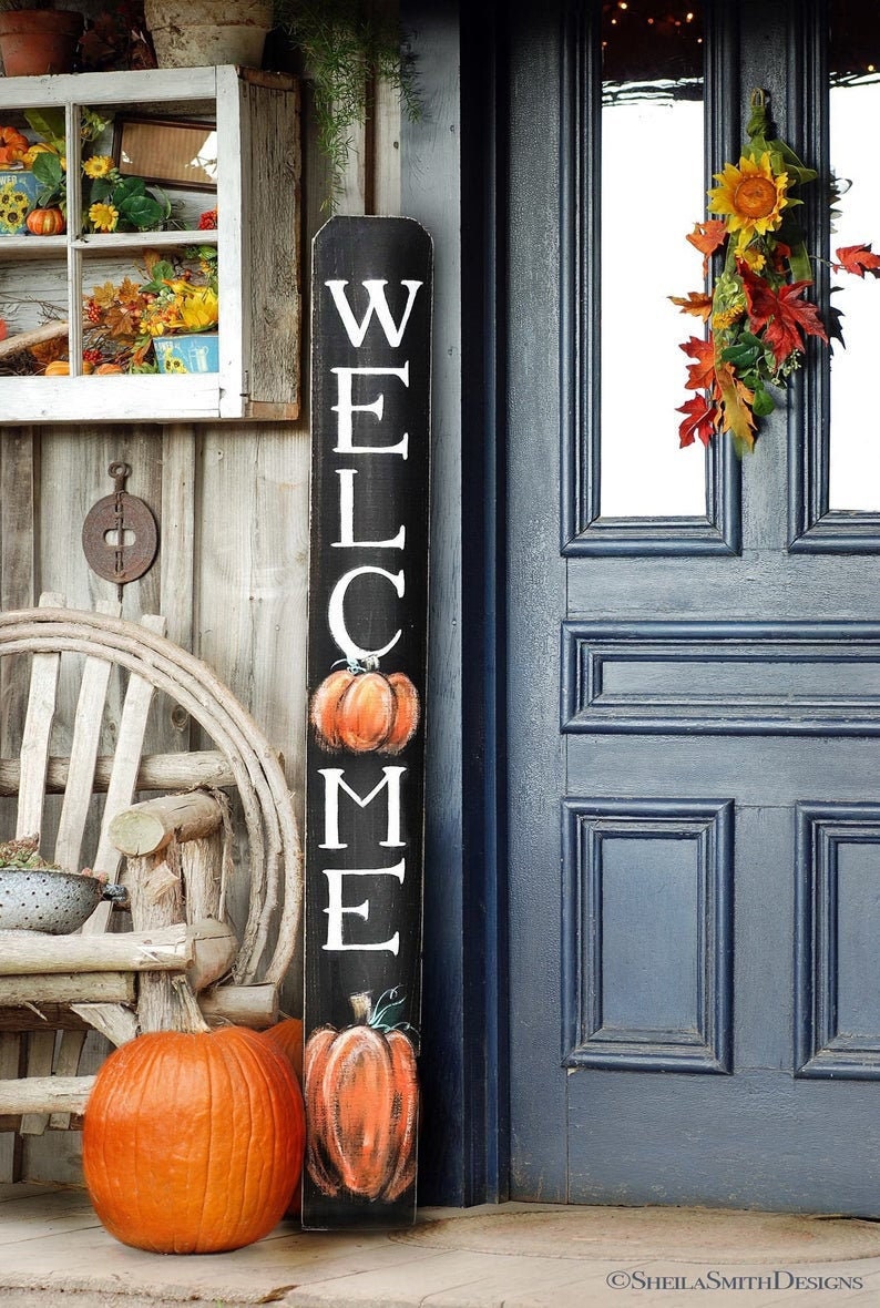 WELCOME SIGN, Fall Rustic Welcome Sign, Vertical front door welcome sign, autumn welcome sign, Fall Decor, Pumpkin Fall welcome sign, Autumn image 1