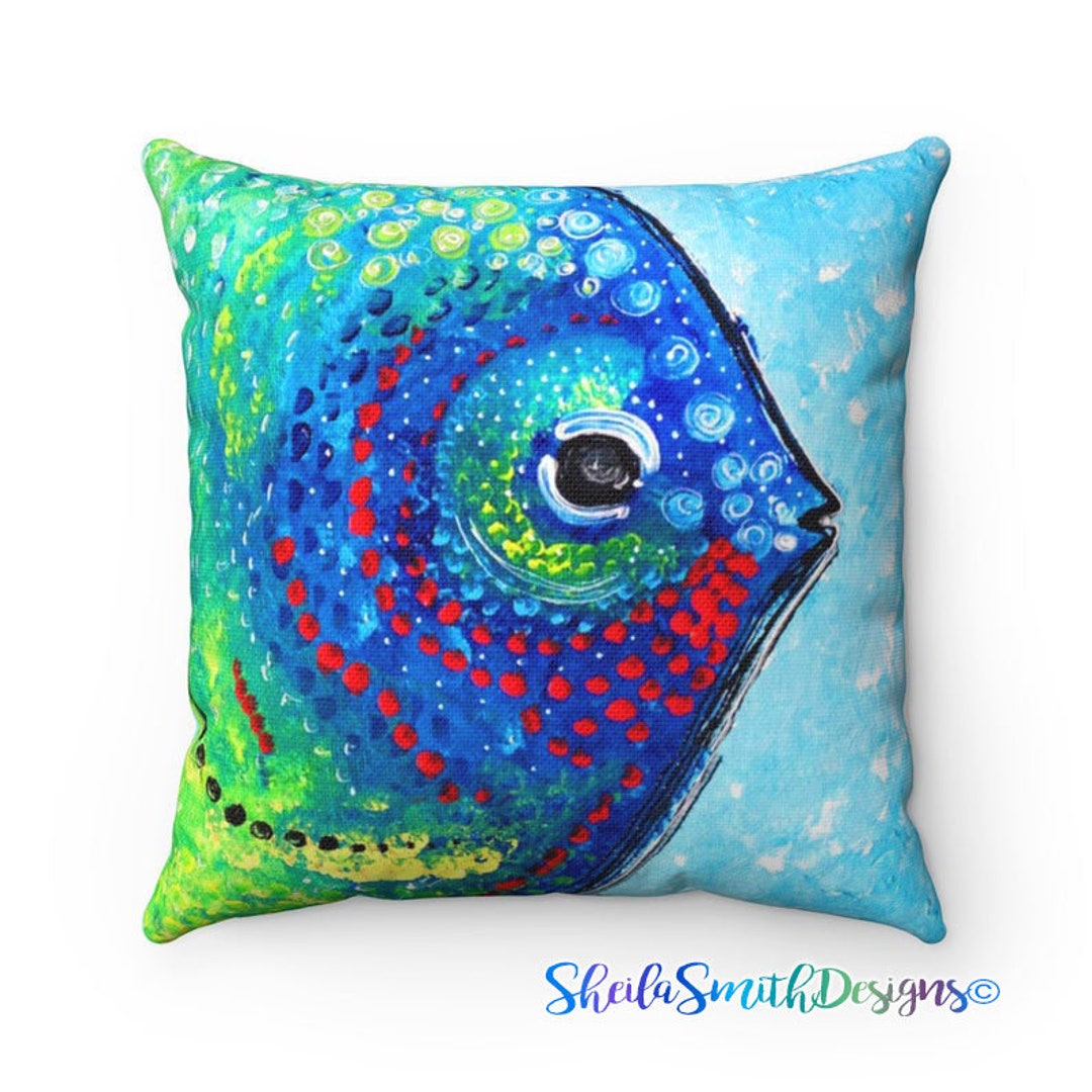 Colorful Beach Fish Decorative Pillow, Fish Cushion, Nautical Decor