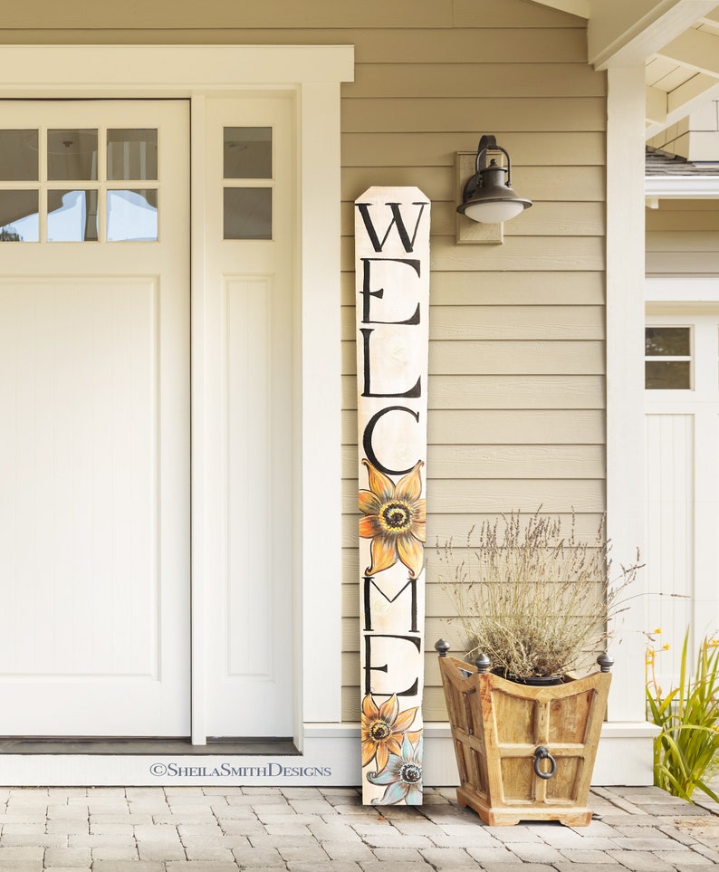 WELCOME SIGN, Spring Wood Welcome Sign, Summer Vertical front door welcome sign, Spring Front Porch Decor, Flower Welcome Sign, Summer Decor image 1