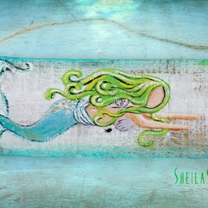 Mermaid Art, Wall Decor, Recycled barn wood, hand painted &quot;Flopsy&quot; the Mermaid by SheilaSmithDesigns©