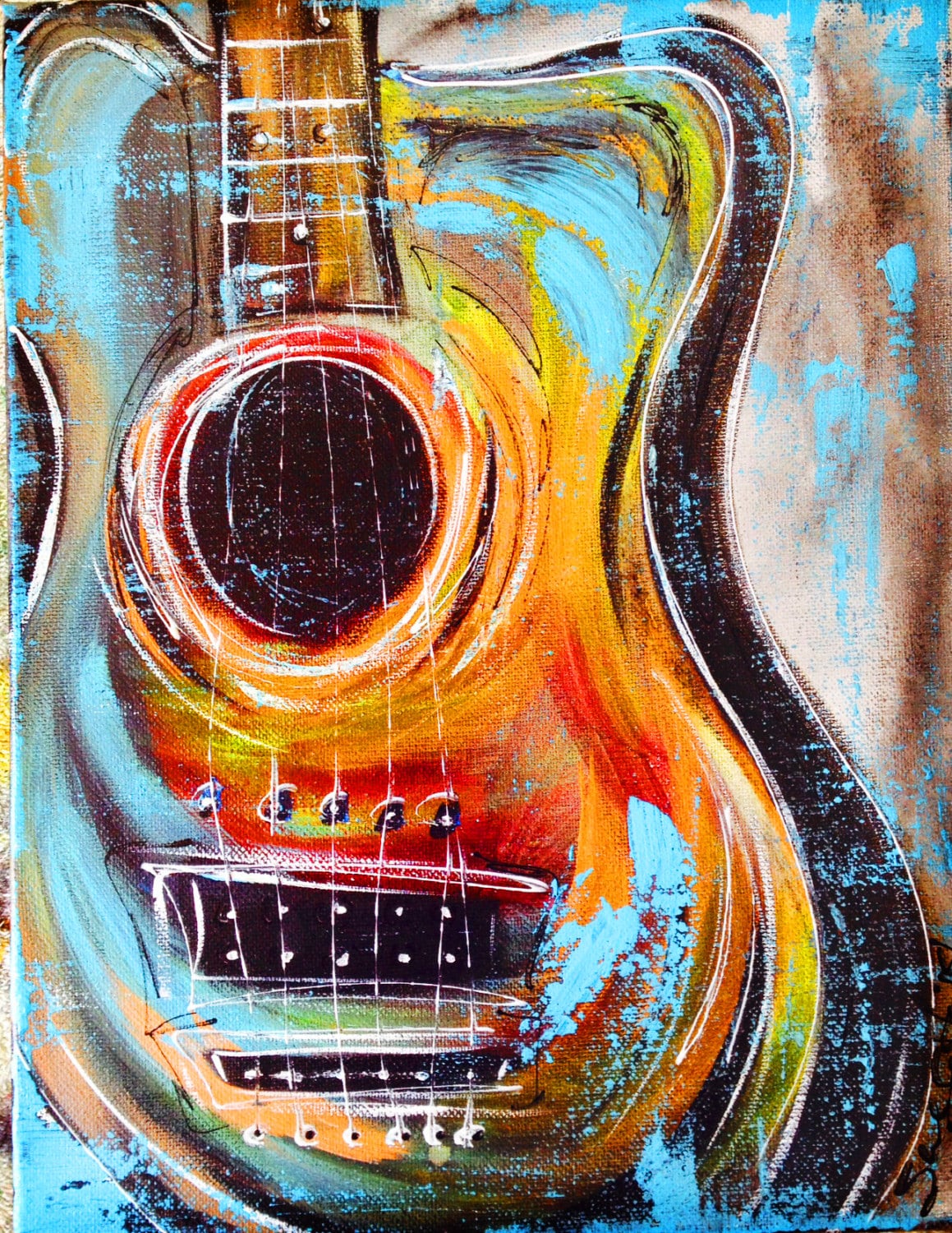 Colorful Guitar Art, With Slight Distressing on Edges by