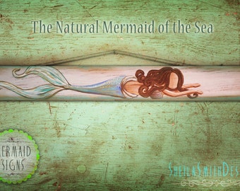 Sirena marina natural en letrero de madera, pintado a mano por la artista Sheila Ann Smith, decoración de playa, arte de sirena, pintura de sirena