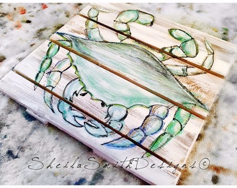 Blue Crab, Hand Painted on Distressed Wood for Coastal Living Decor with or without blue border