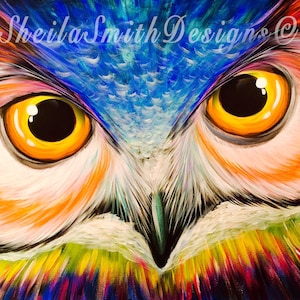 Bunte und lebendige Eulen-Malerei, Eulen-Kunst, Eulen-Dekor, handgemalt, Acryl und Öl von Künstlerin, Sheila Ann Smith