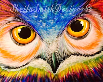 Colorful and Vibrant Owl Painting, Owl Art, Owl Decor, Hand Painted, Acrylic and Oil by artist, Sheila Ann Smith