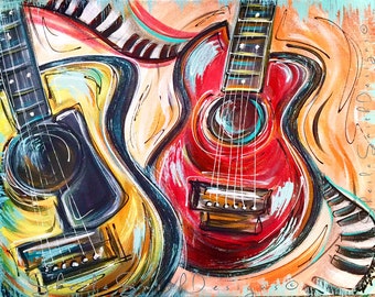 Pintura de guitarra vibrante e colorida, arte musical em tela esticada "O Dueto" por Sheila Ann Smith