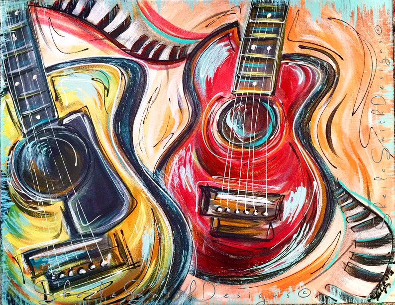 May include: Abstract painting of two acoustic guitars with a piano keyboard in the background. The guitars are painted in bright colors, including red, yellow, and blue. The painting is signed "Stella Smith Designs".