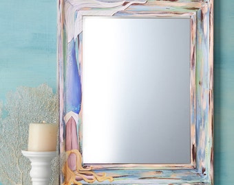Hand Painted Mermaid Mirror, Beach Mirror, Beach Decor, Beach House Art 22x28"