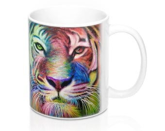 Tiger Mug 11Oz, colorful Tiger Print Coffee Mug, Rainbow Tiger Print, Watercolor unique tiger coffee mug, cool kitchen decor