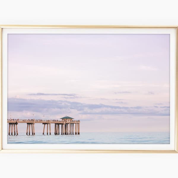 Ocean Prints, Beach Photography, Florida Art, Large Printable Poster, Printable Beach Wall Art, Coastal Print, Pastel Pink Blue, Pier Sunset