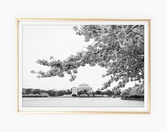 Jefferson Memorial Print, Black & White, Cherry Blossom Photography, Washington DC, Cherry Blossom Art, Printable Photo, Instant Download