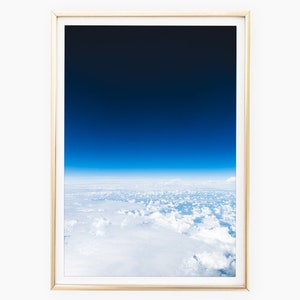 Plane window aerial photos, fluffy white clouds, airplane photography, outer space prints, blue horizon, atmosphere wall art, photo download