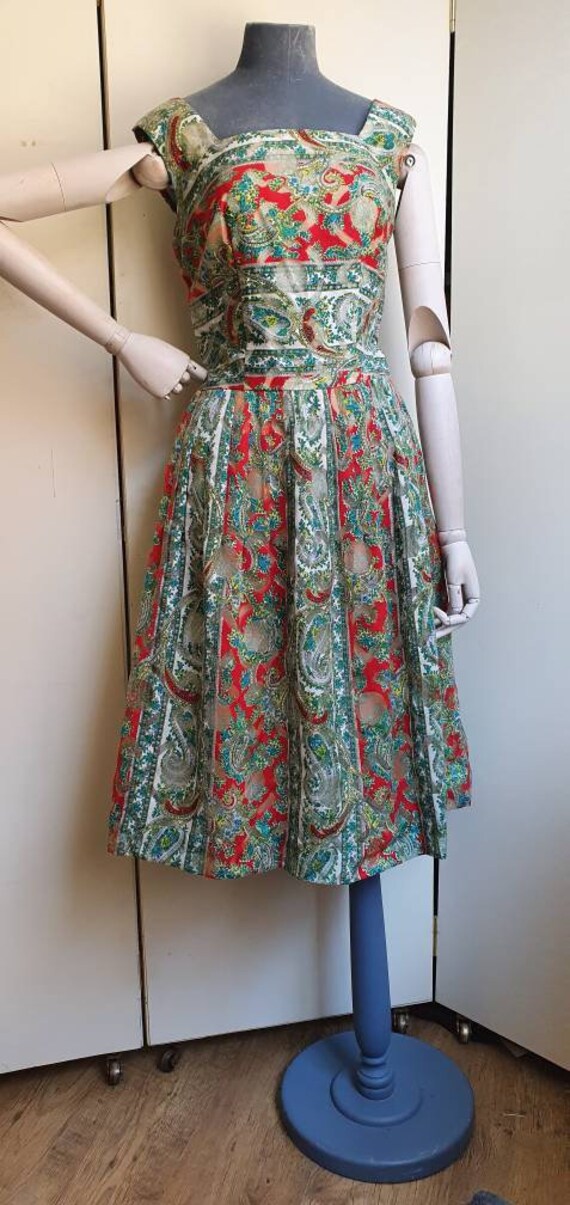 Vintage late 1950s red paisley dress