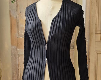 90s/y2k Double Zipper Sweater, Women's Black and Cream Cardigan