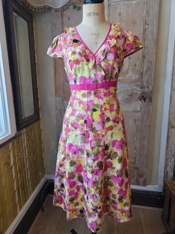 Marks & Spencer, Vintage Y2K M&S Pink and Yellow Floral Linen Dress UK 12