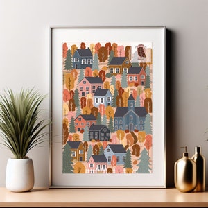 Autumn Village Scene | Folk Art | Wall Art | Digital Art