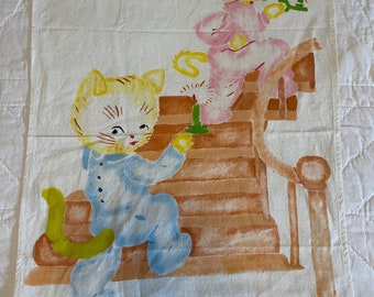 Vintage Hand Painted Kitty Tea Towel
