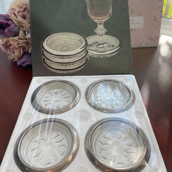 Leonard Four Piece Coaster Set Crystal and Silverplate