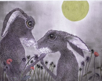 HARES in LOVE - mixed media - A4 ORIGINAL