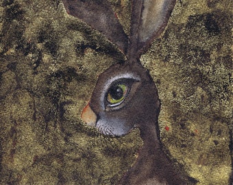 HASE AUF GOLD original Aquarell und Blattgold