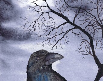 Crow -  PRINT A5/A4/A3/A2/A1 -inc Deep Frame Canvas - signed ltd ed love raven bird moon light sky night dark