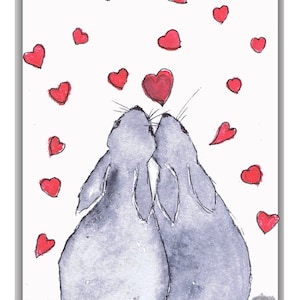 May include: Two gray rabbits with white tails are looking at each other with a red heart above their heads.  There are many red hearts scattered around the rabbits.