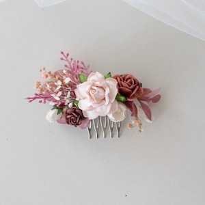 Bridal Hair Comb with Flowers and Eucalyptus Leaves Boho and Rustic Wedding Headpiece, rust red, burgundy, blush Hairpiece Bridesmaid comb