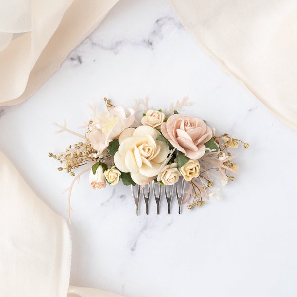 Bridal Hair Comb with flowers and dried baby's breath, Boho Wedding Headpiece Bridesmaid Hair Flowers in cream, champagner
