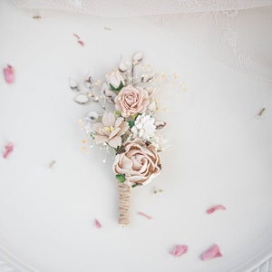 Boutonniere for the groom Boho and Rustic Wedding. Flower Brooch  with eucalyptus leaves, ruskus, foliage, roses and wild flowers