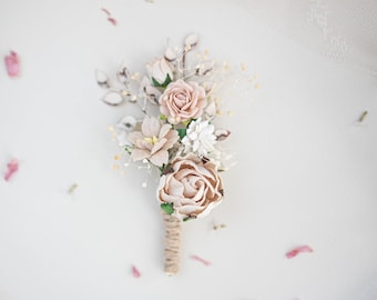 Boutonniere for the groom Boho and Rustic Wedding. Flower Brooch  with eucalyptus leaves, ruskus, foliage, roses and wild flowers
