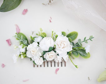 Bruids haar kam met bloemen en eucalyptus bladeren Boho bruiloft hoofddeksel bruidsmeisje haar bloemen met rozen en groen in wit, groen