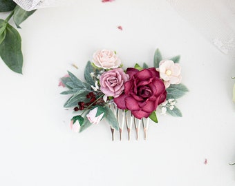 Peigne à cheveux de mariée avec fleurs et feuilles d'eucalyptus Coiffe de mariage boho et rustique Marsala Red and Blush Hairpiece Demoiselle d'honneur petit peigne