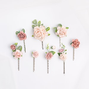 Bridal hair pins in blush, sage green, mauve, dusty rose, peach. Wedding pins with flowers, roses, peonies, eucalyptus and ruscus